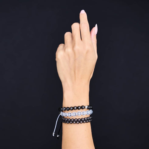 Anthrazit | Silber | Doppeltes Makramee-Armband aus Cheshire-Glas